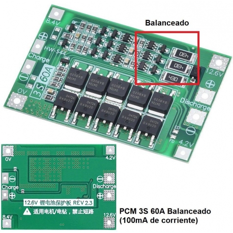 PCM 3S para Baterías de Litio 11.1-12.6v. 60A Balanceado