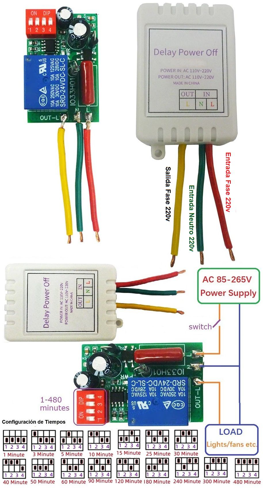 Temporizador de apagado con Relé 1-480 minutos