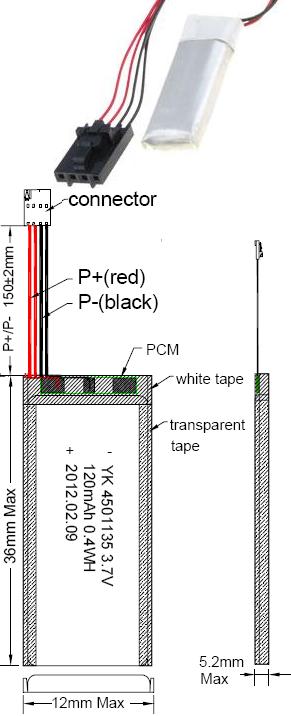 Lipo 3.7v 120ma pcm-conector